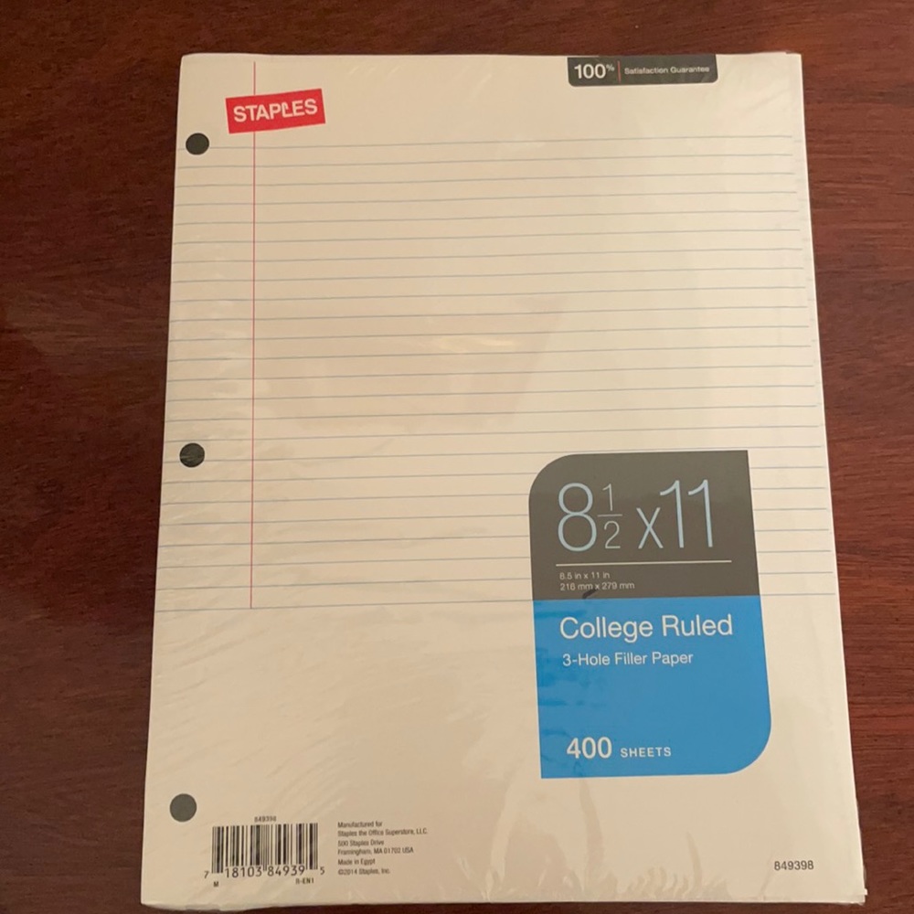 College Ruled Filler Paper, 8.5" x 11", White, 400 Sheets/Pack Brand New